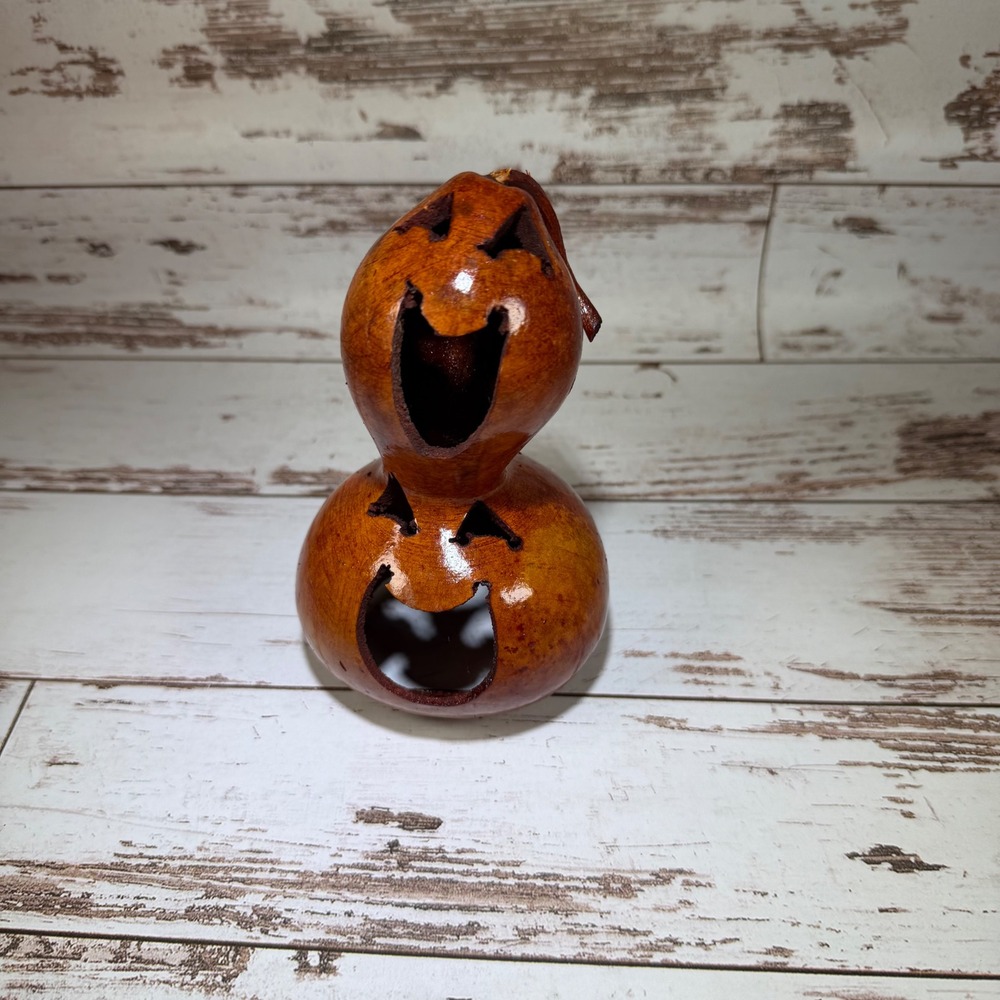 Hand Carved Dried Gourd Jack-O-Lantern Double Stacked Pumpkin Decor 5.5"